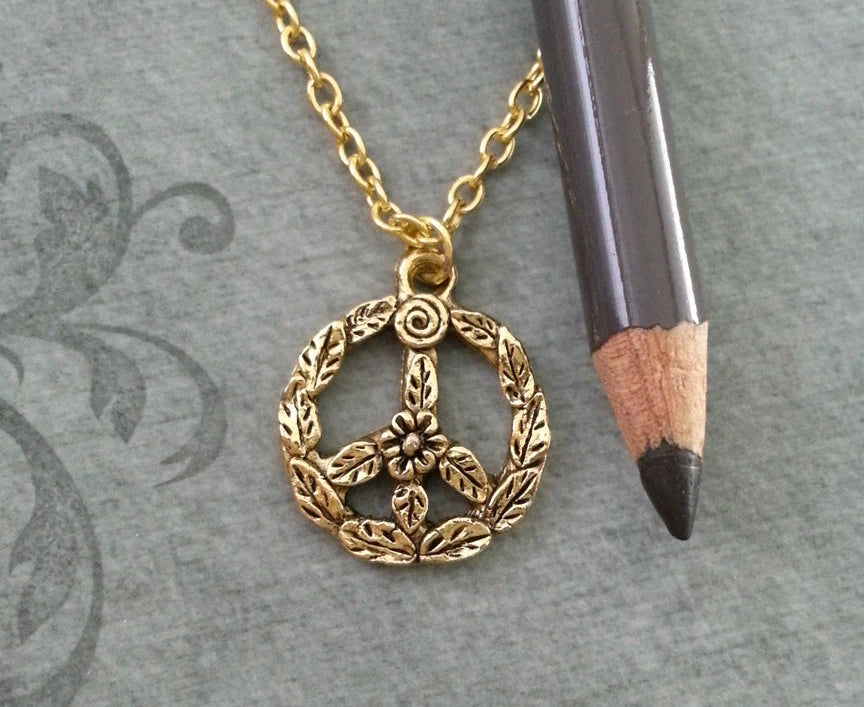 Floral Peace Sign Charm Necklace (Gold-tone)