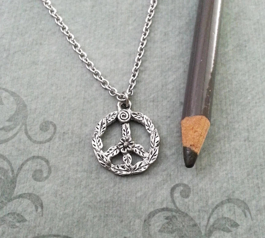 Floral Peace Sign Charm Necklace (Silver-tone)