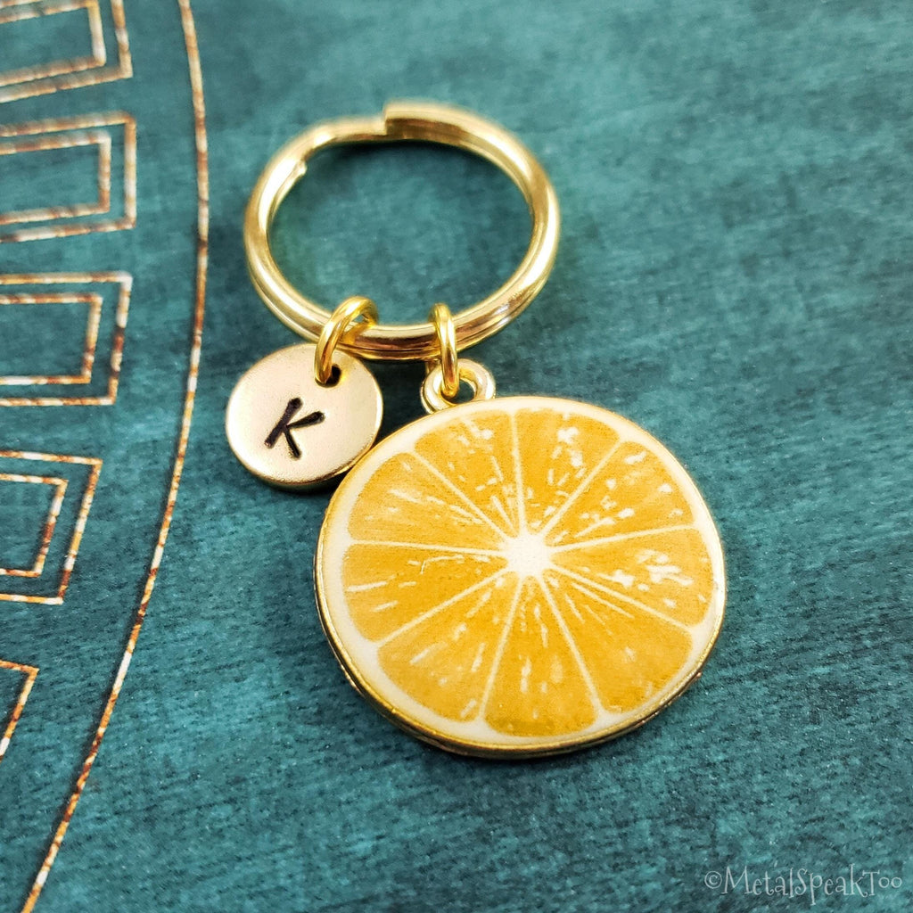 Lemon Keychain with Initial (Gold-Toned)
