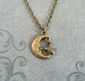 Man in the Moon & Star Charm Necklace (Antique Bronze-toned)