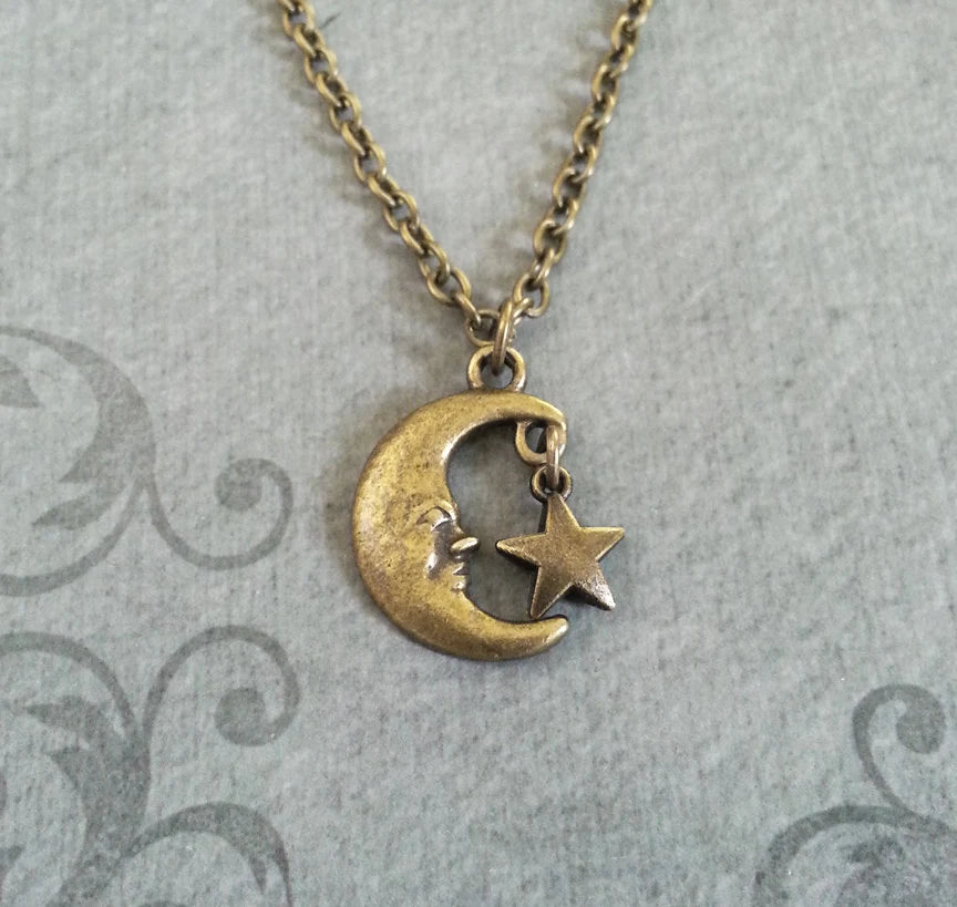 Man in the Moon & Star Charm Necklace (Antique Bronze-toned)