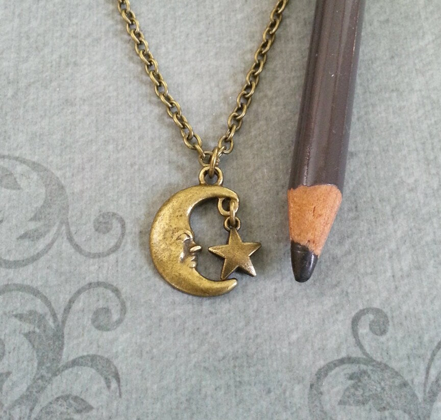 Man in the Moon & Star Charm Necklace (Antique Bronze-toned)