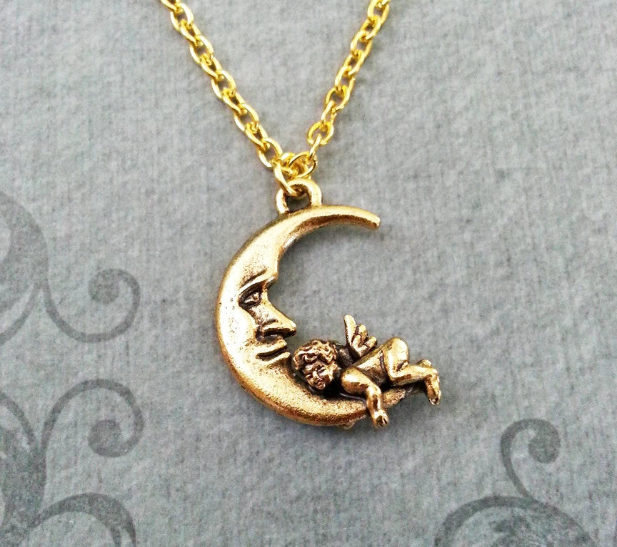 Man in the Moon & Cherub Charm Necklace (Gold-tone)
