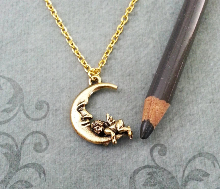 Man in the Moon & Cherub Charm Necklace (Gold-tone)