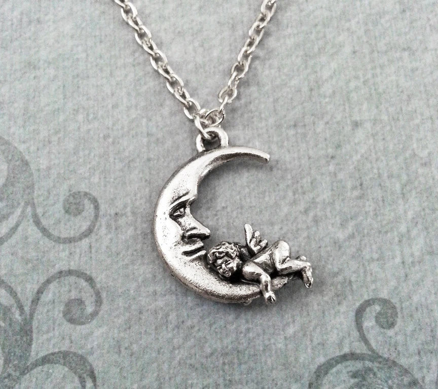 Man in the Moon & Cherub Charm Necklace (Silver-tone)