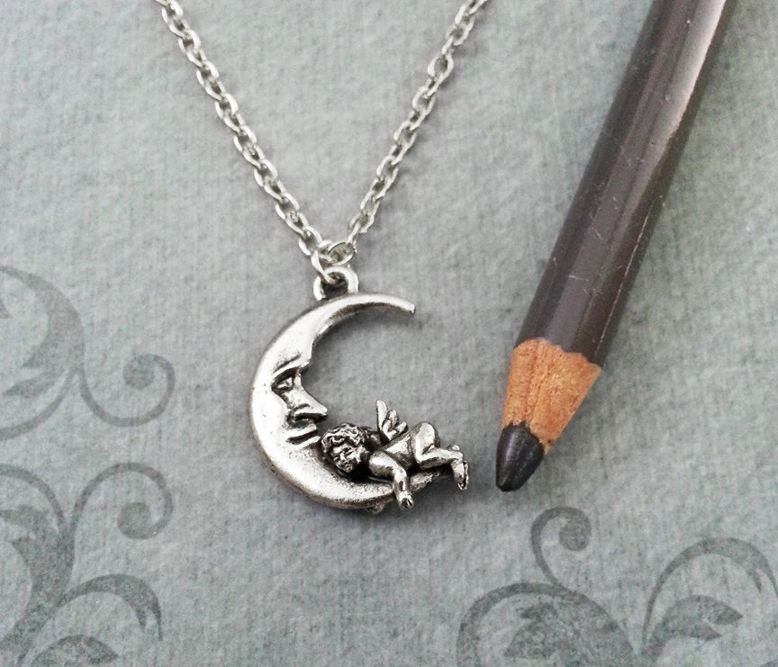 Man in the Moon & Cherub Charm Necklace (Silver-tone)