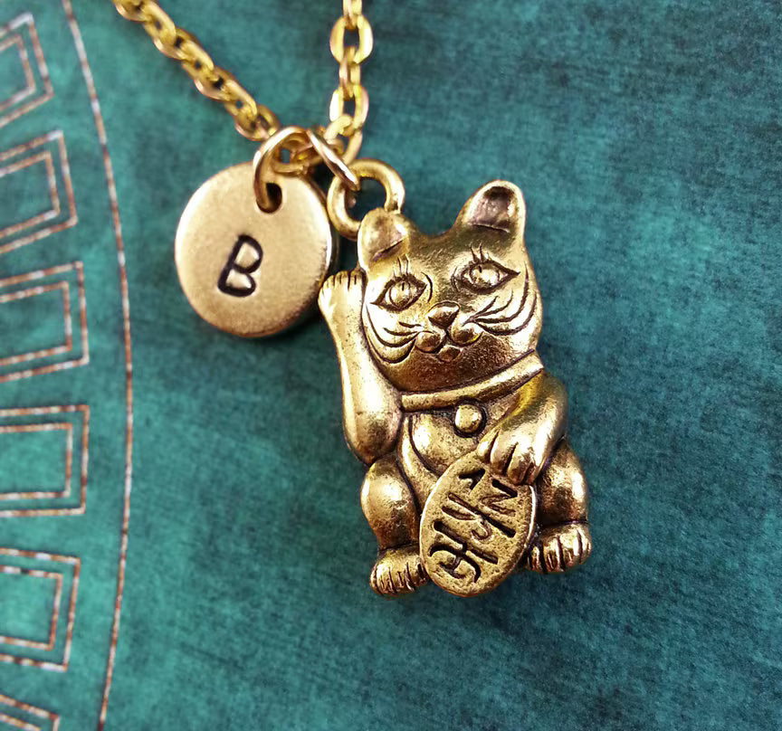 Maneki-neko (Lucky Cat) Initial Necklace (Gold-Toned)