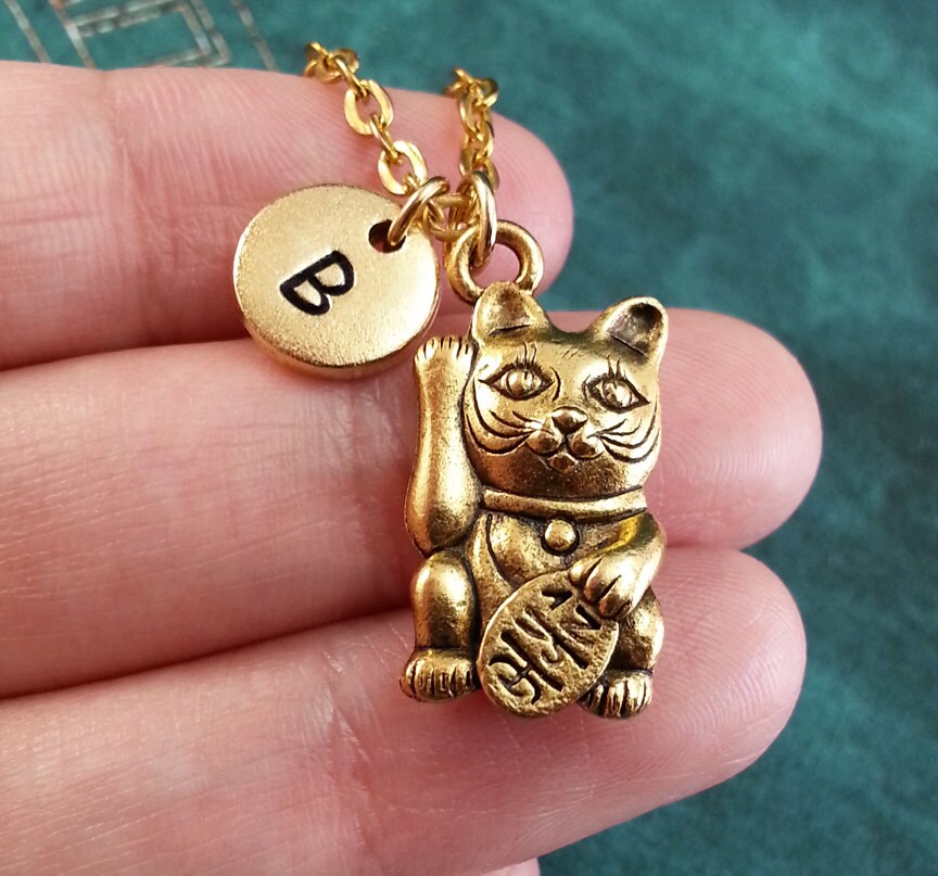 Maneki-neko (Lucky Cat) Initial Necklace (Gold-Toned)