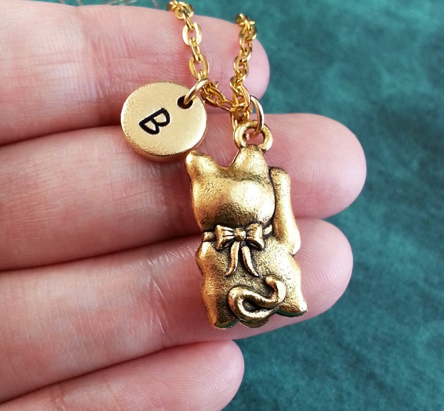 Maneki-neko (Lucky Cat) Initial Necklace (Gold-Toned)