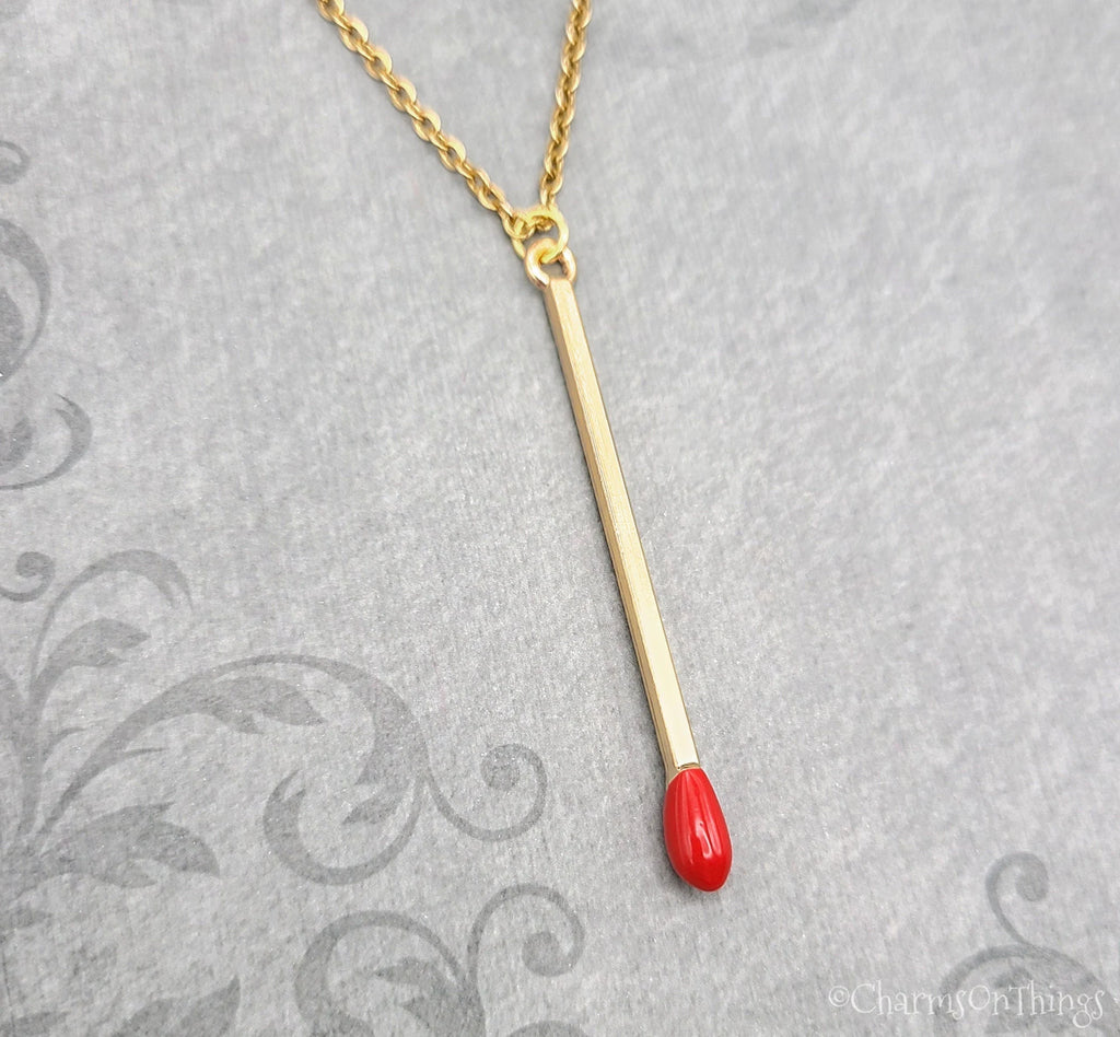 Matchstick Pendant Necklace with Red Enamel Tip (Gold-toned)