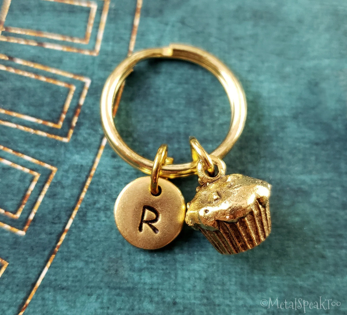 Muffin Keychain with Initial (Gold-Toned)