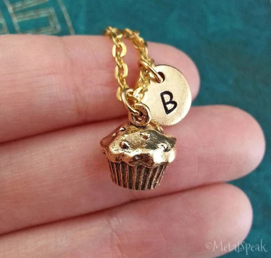 Muffin Keychain with Initial (Gold-Toned)
