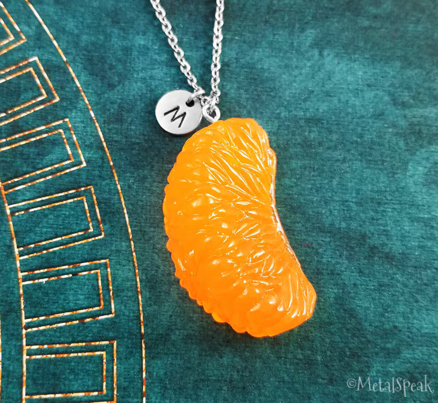 Orange Mandarin Slice Necklace with Initial (Silver-Toned)