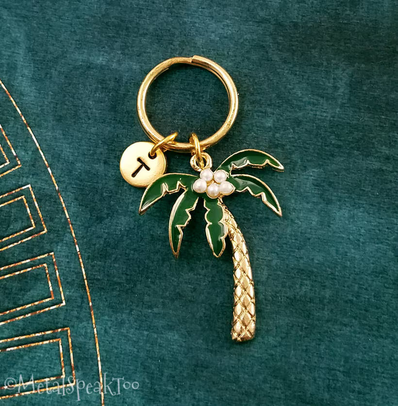 Palm Tree Keychain with Initial (Gold-Toned)