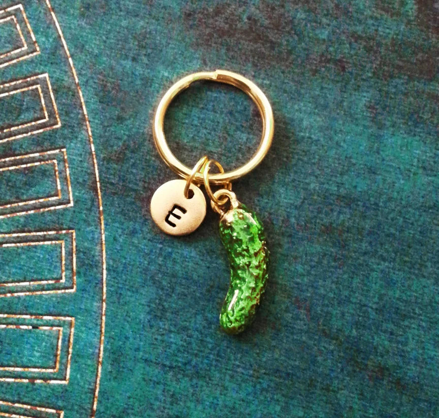 Pickle Keychain with Initial (Gold-Toned)
