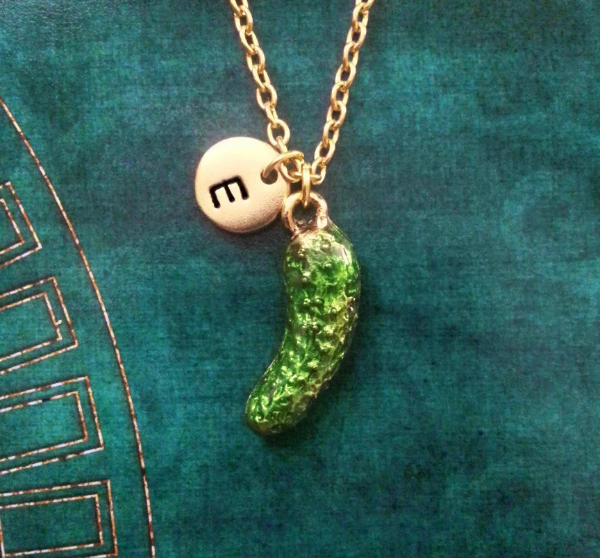 Pickle Necklace with Initial (Gold-Toned)