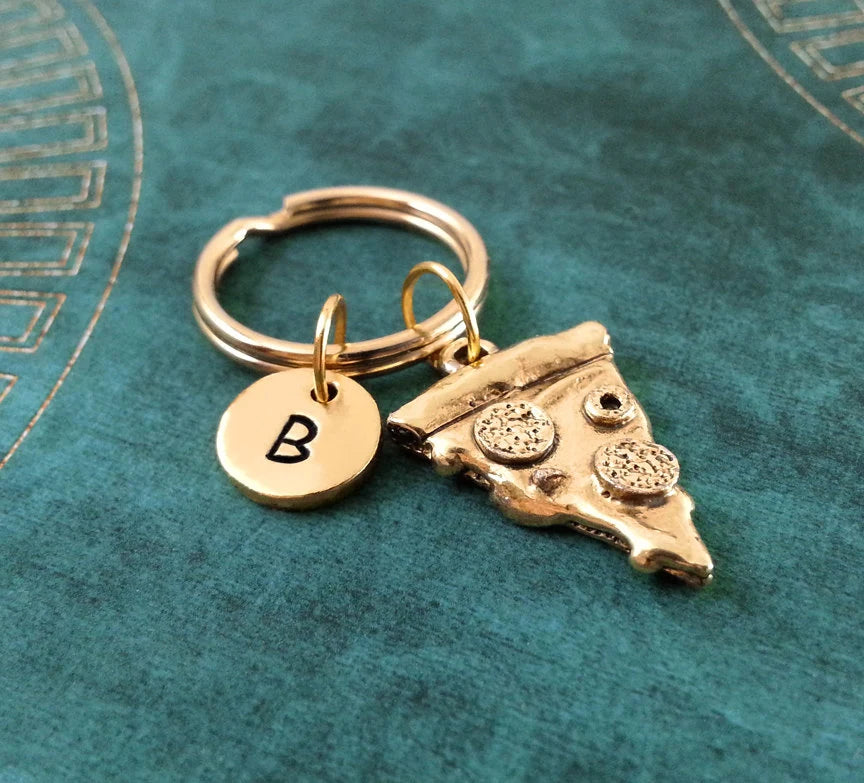 Pizza Keychain with Initial (Gold-Toned)