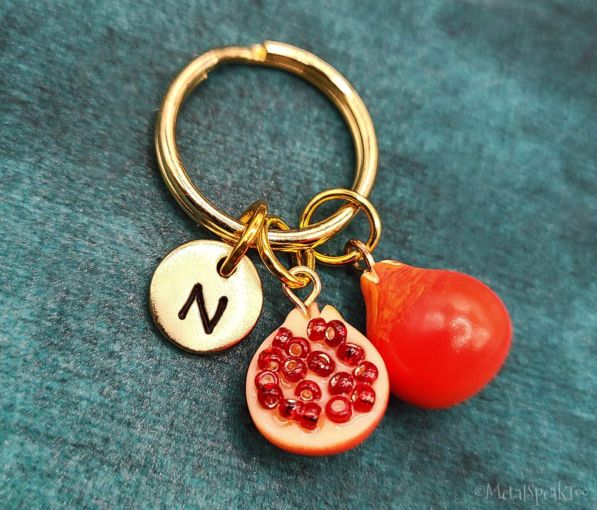 Pomegranate Keychain with Initial (Gold-Toned)