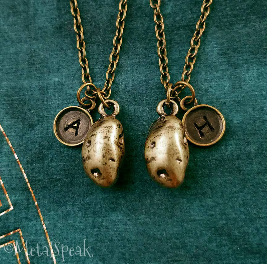 Potato Friendship Necklace Set with Initials (Bronze-Toned)