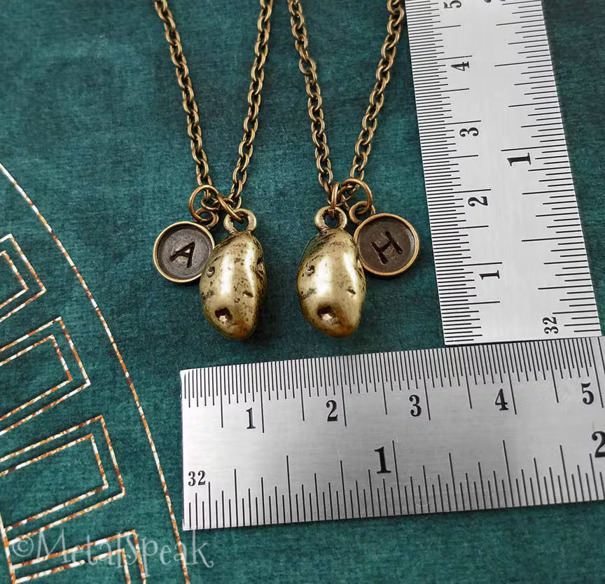 Potato Friendship Necklace Set with Initials (Bronze-Toned)