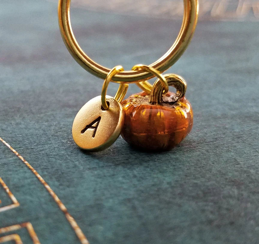Pumpkin Keychain with Initial (Gold-Toned)