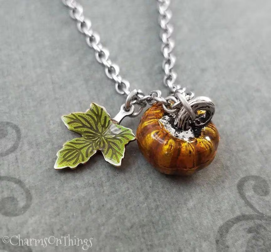 Enamel Painted Pumpkin & Leaf Charm Necklace (Silver-tone)