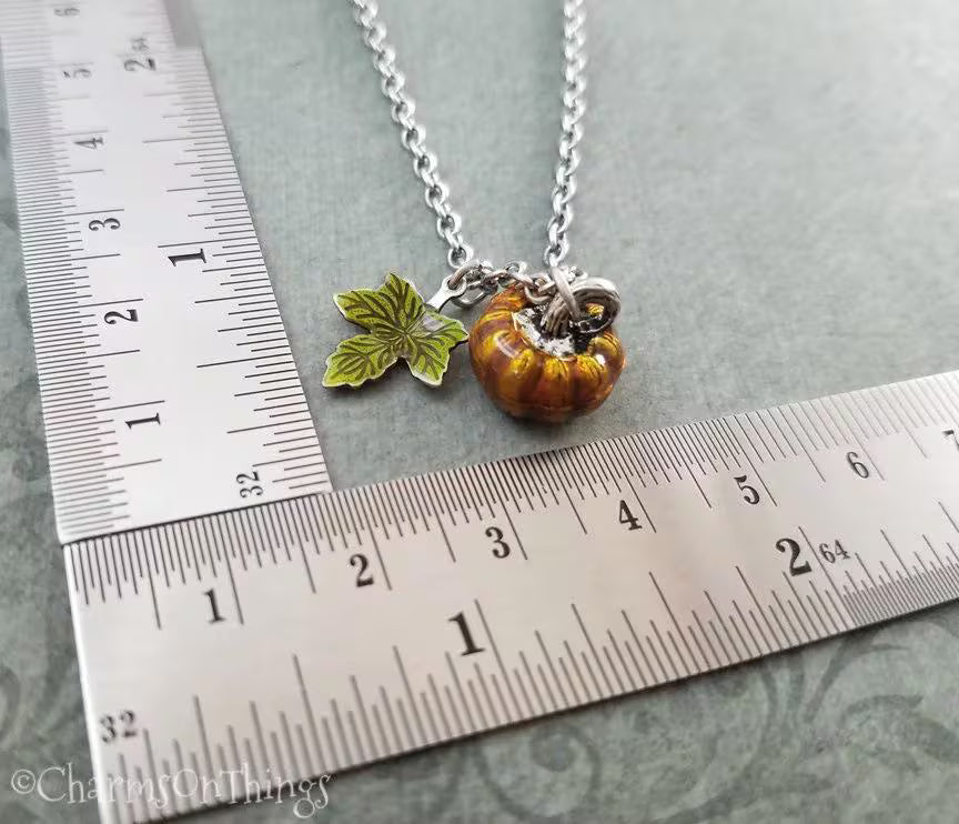 Enamel Painted Pumpkin & Leaf Charm Necklace (Silver-tone)
