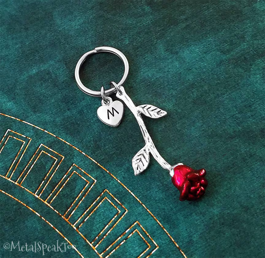 Red Rose Keychain with Initial (Silver-Toned)