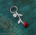 Red Rose Keychain with Initial (Silver-Toned)
