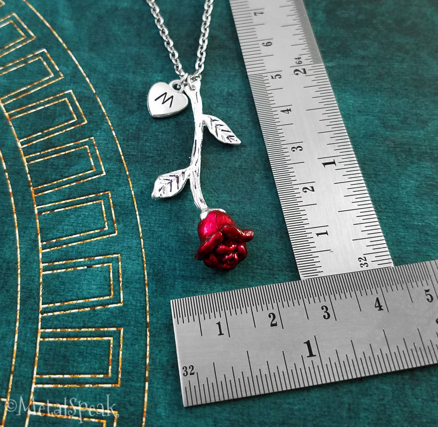 Red Rose Keychain with Initial (Silver-Toned)
