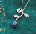 Blue Rose Initial Necklace with Initial (Silver-Toned)