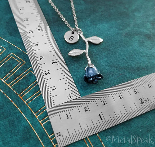 Blue Rose Initial Necklace with Initial (Silver-Toned)