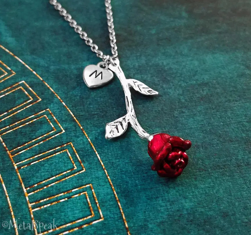 Red Rose Initial Necklace with Initial (Silver-Toned)