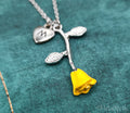 Yellow Rose Initial Necklace with Initial (Silver-Toned)
