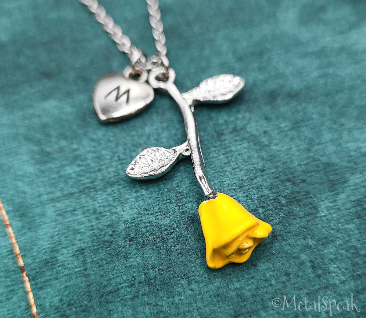 Yellow Rose Initial Necklace with Initial (Silver-Toned)