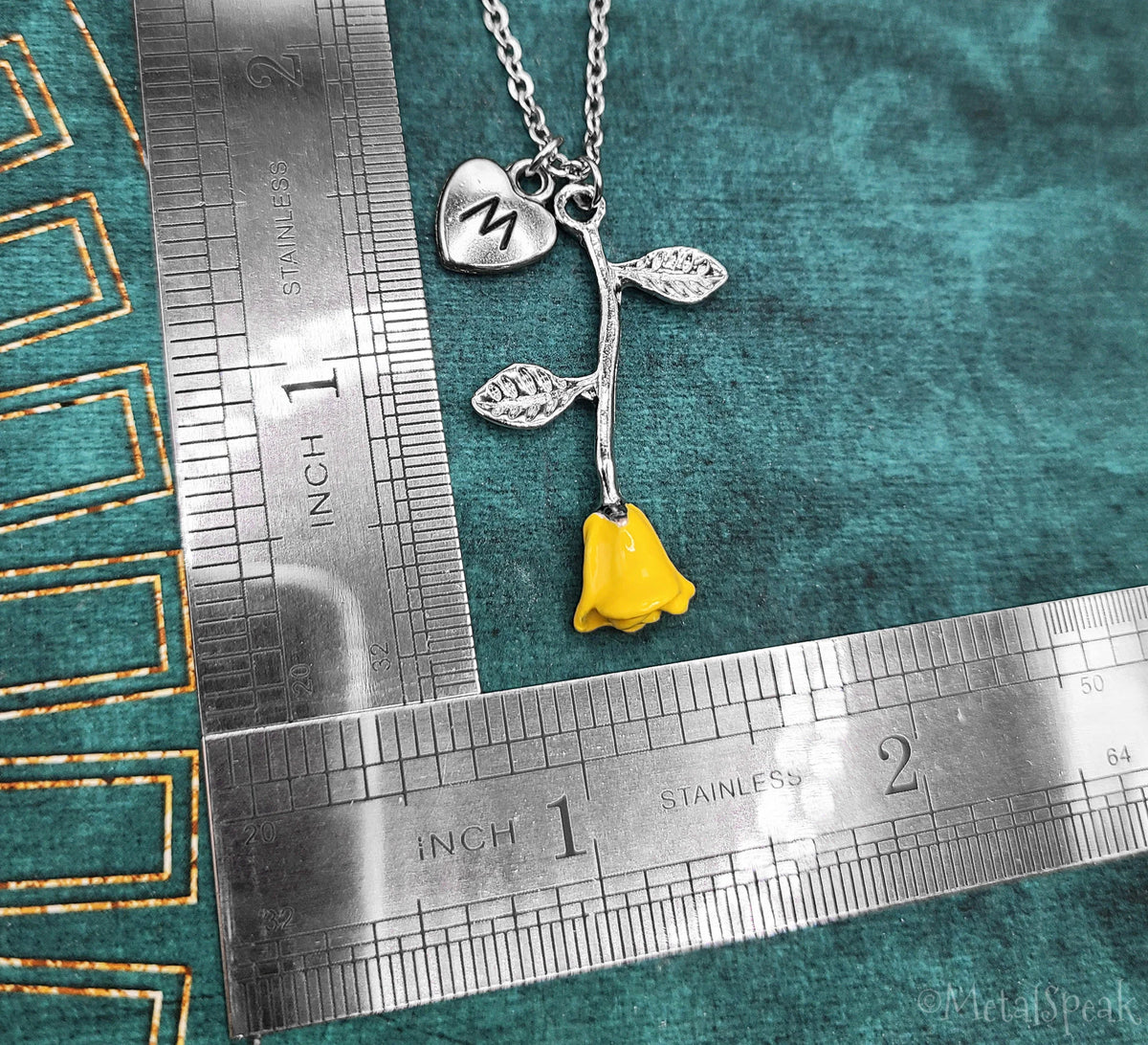 Yellow Rose Initial Necklace with Initial (Silver-Toned)