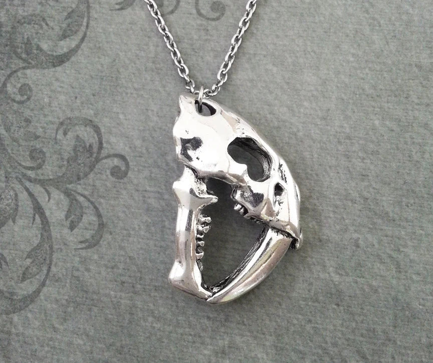 Saber-Tooth Tiger Skull Necklace (Silver-tone)