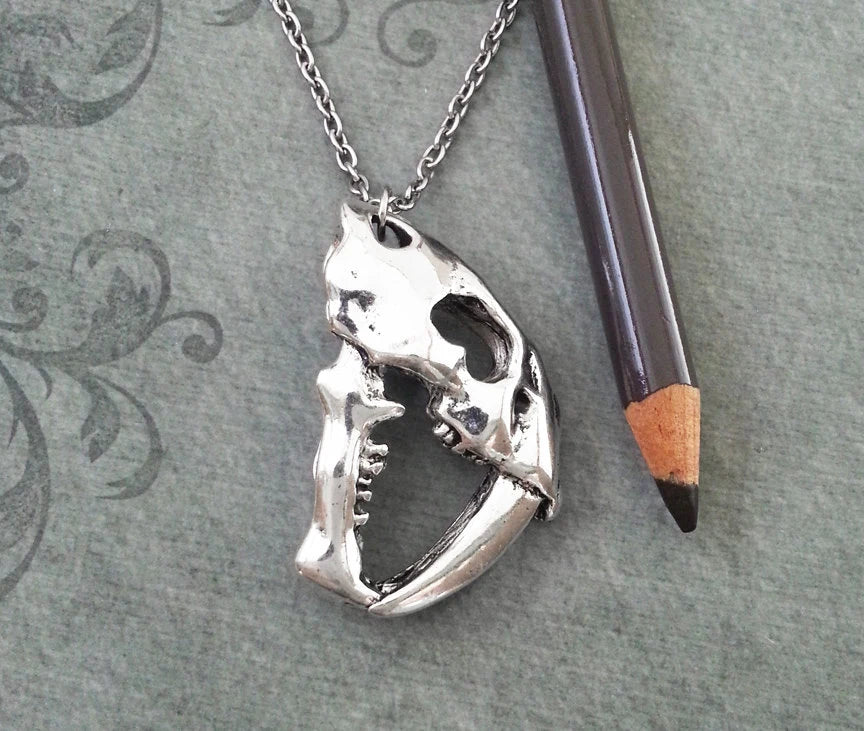 Saber-Tooth Tiger Skull Necklace (Silver-tone)