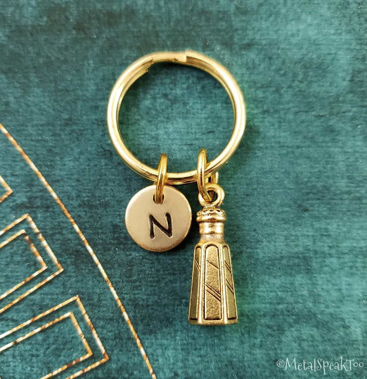 Salt Shaker Keychain with Initial (Gold-Toned)