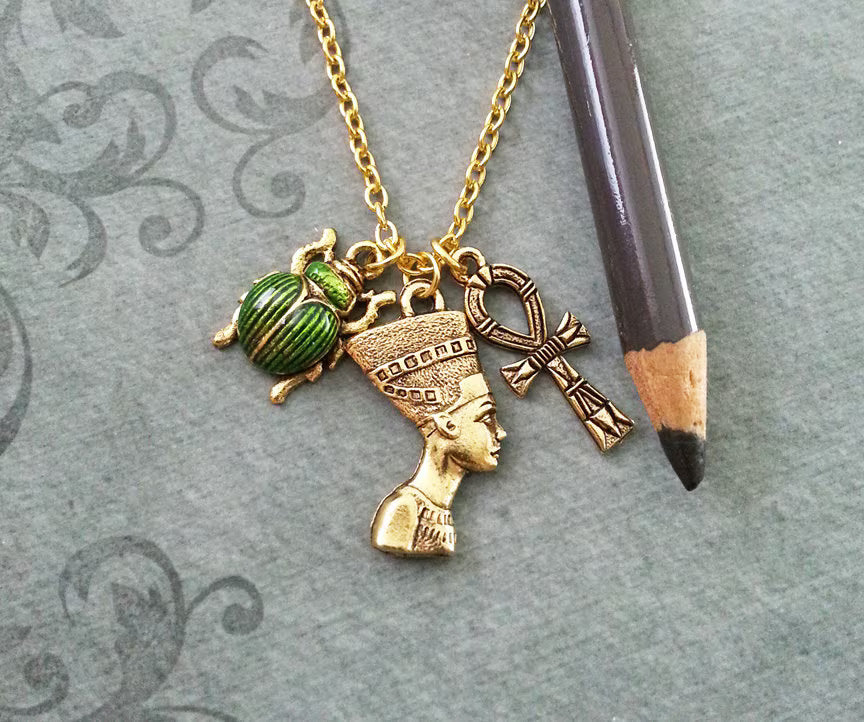 Egyptian Charm Cluster Necklace | Nefertiti, Ankh & Scarab (Gold-tone)