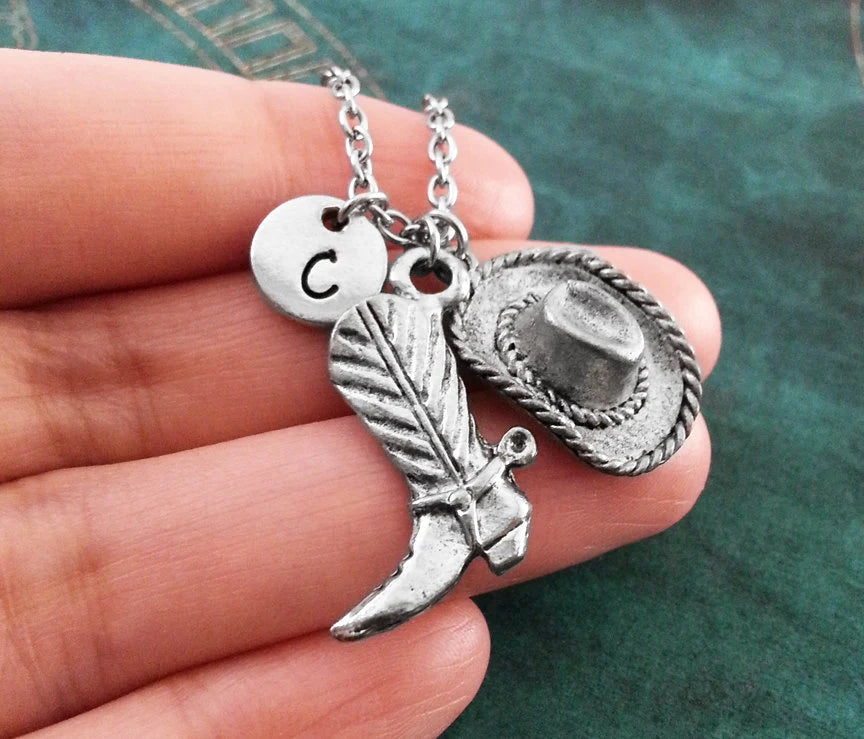 Cowboy Boot & Hat Keychain with Initial (Silver-Toned)