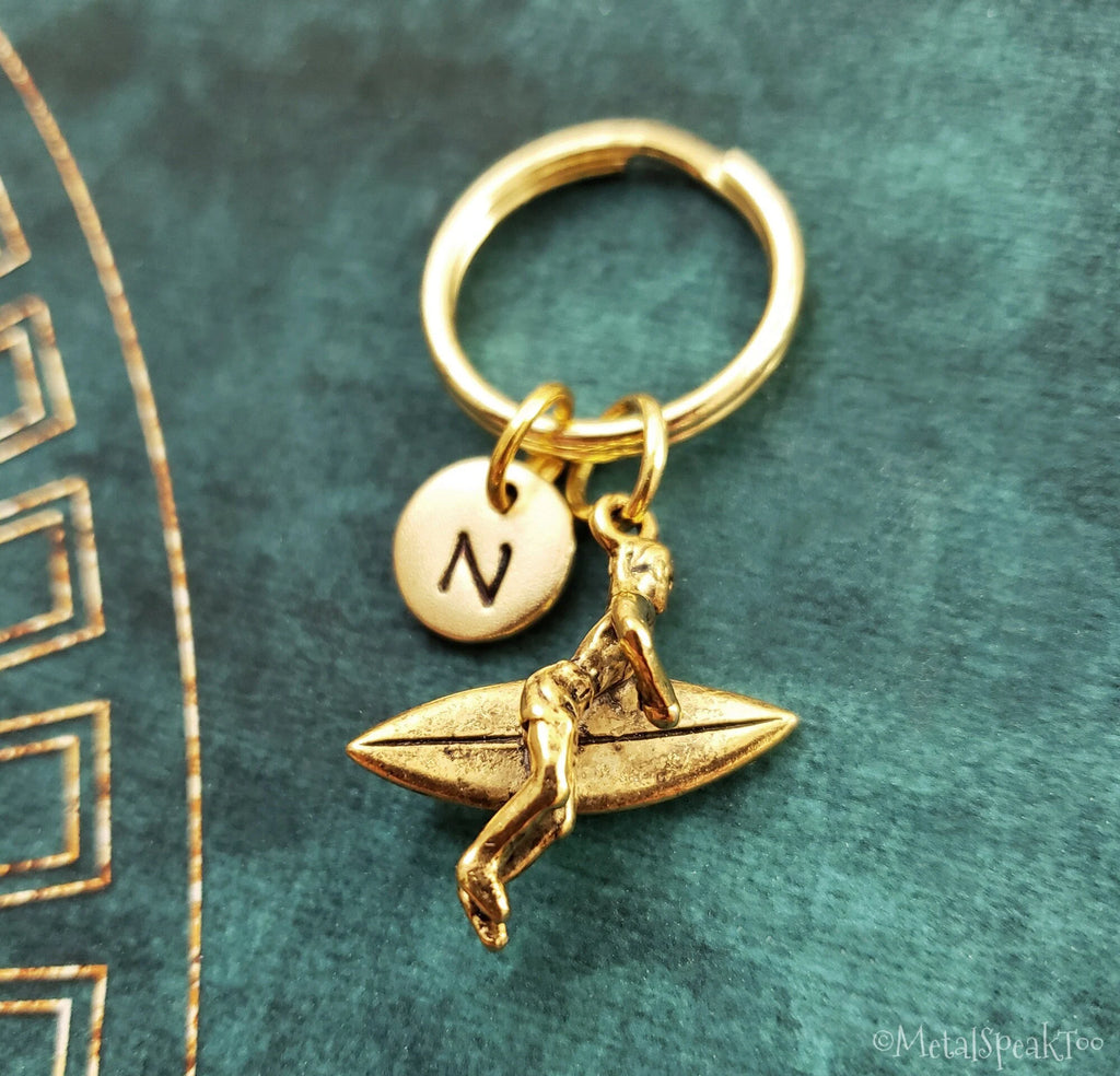 Surfer Keychain with Initial (Gold-Toned)