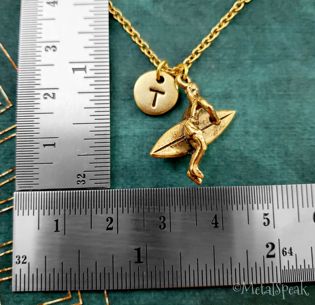 Surfer Keychain with Initial (Gold-Toned)