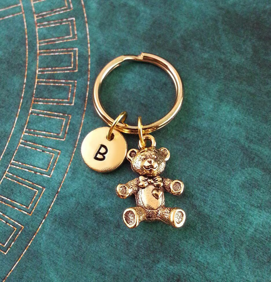 Teddy Bear Keychain with Initial (Gold-Toned)