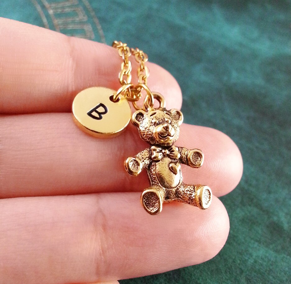 Teddy Bear Keychain with Initial (Gold-Toned)