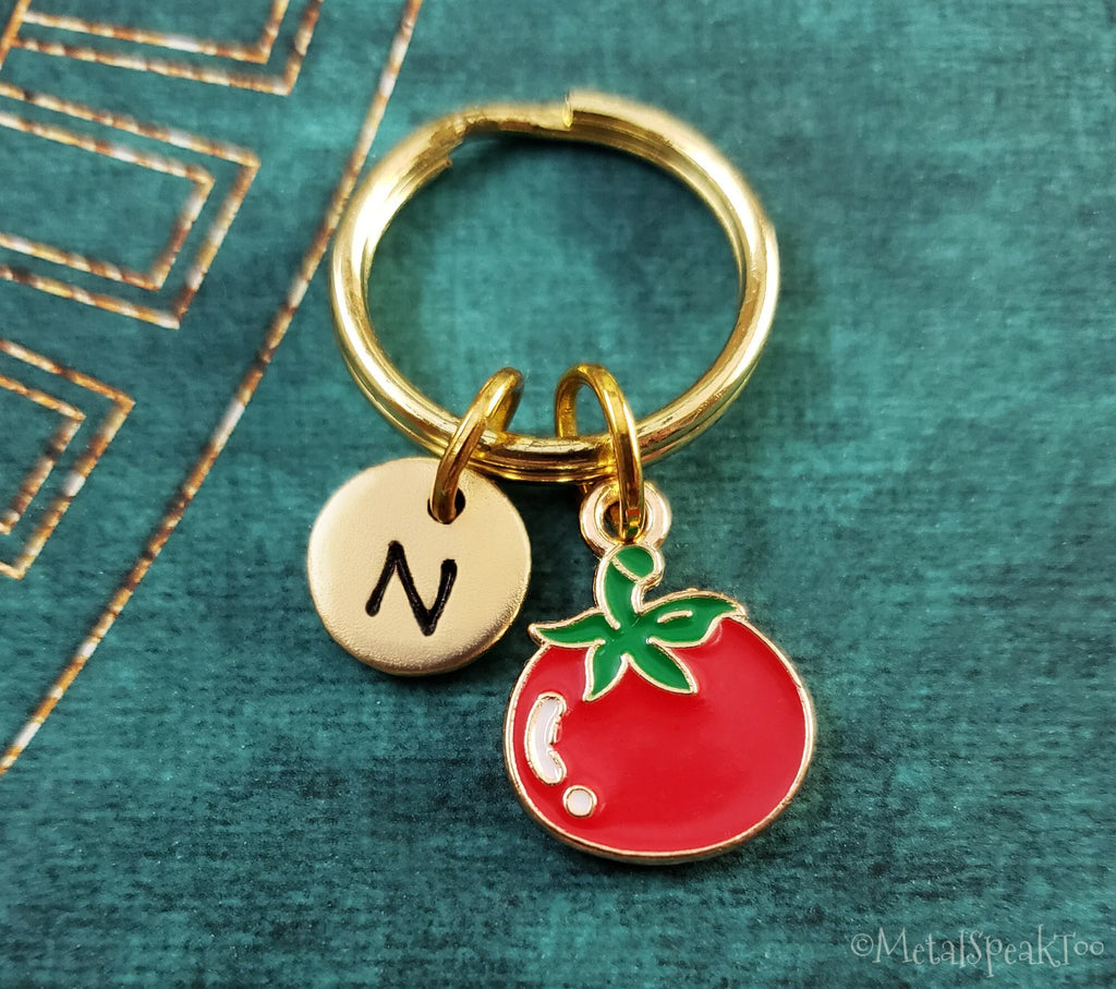 Tomato Keychain with Initial (Gold-Toned)