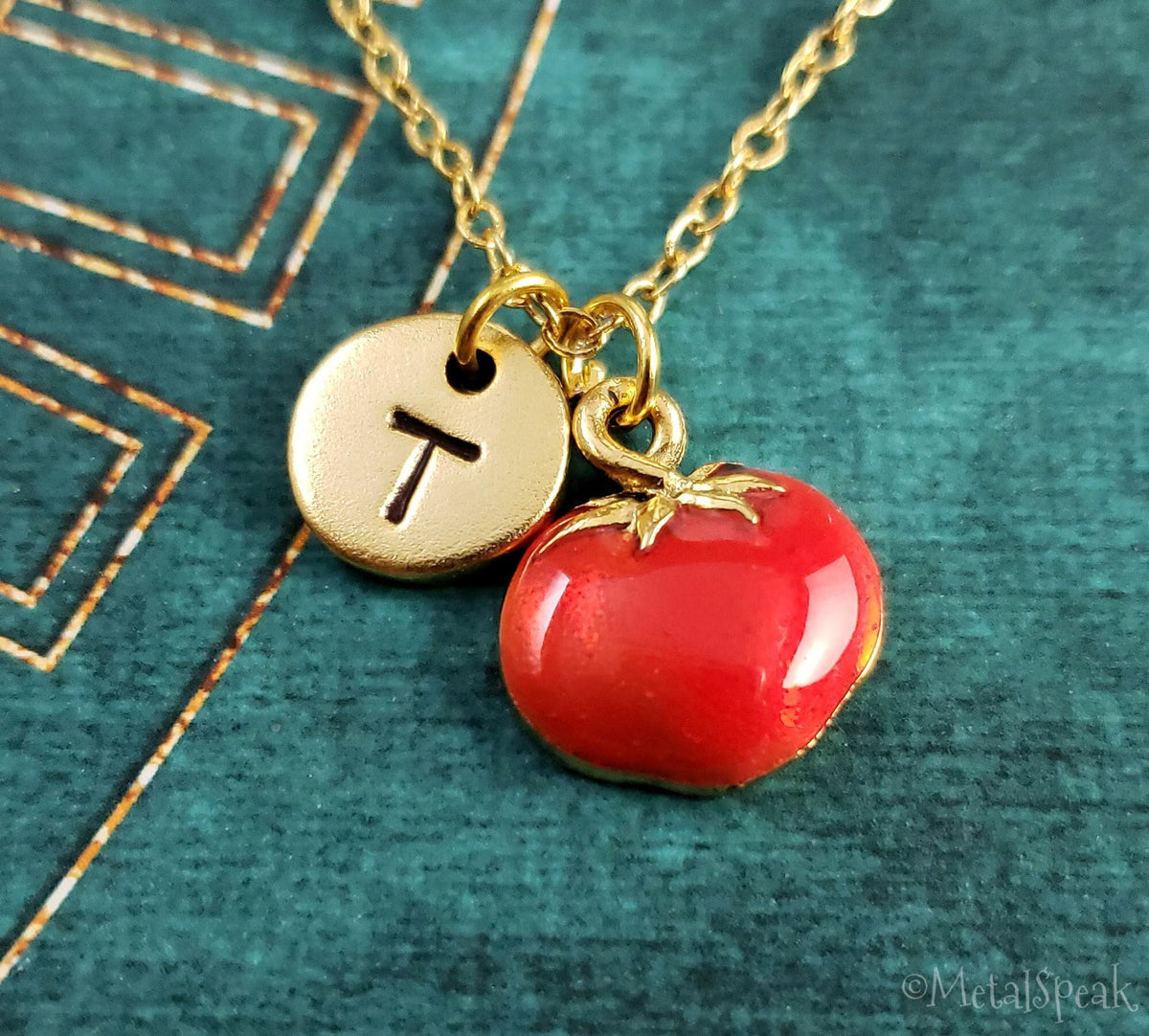 Tomato Necklace with Initial (Gold-Toned)