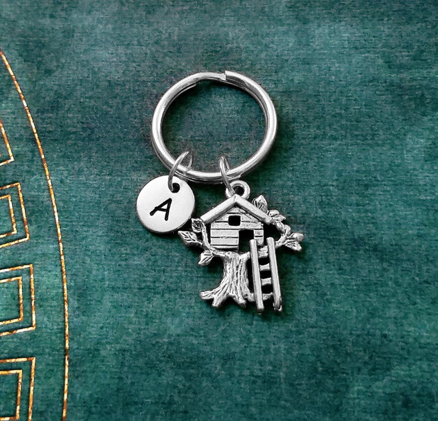 Treehouse Keychain with Initial (Silver-Toned)