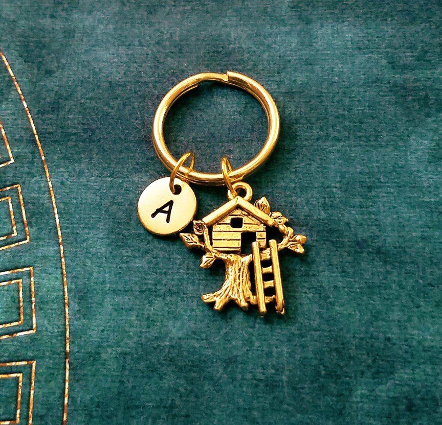 Treehouse Keychain with Initial (Gold-Toned)