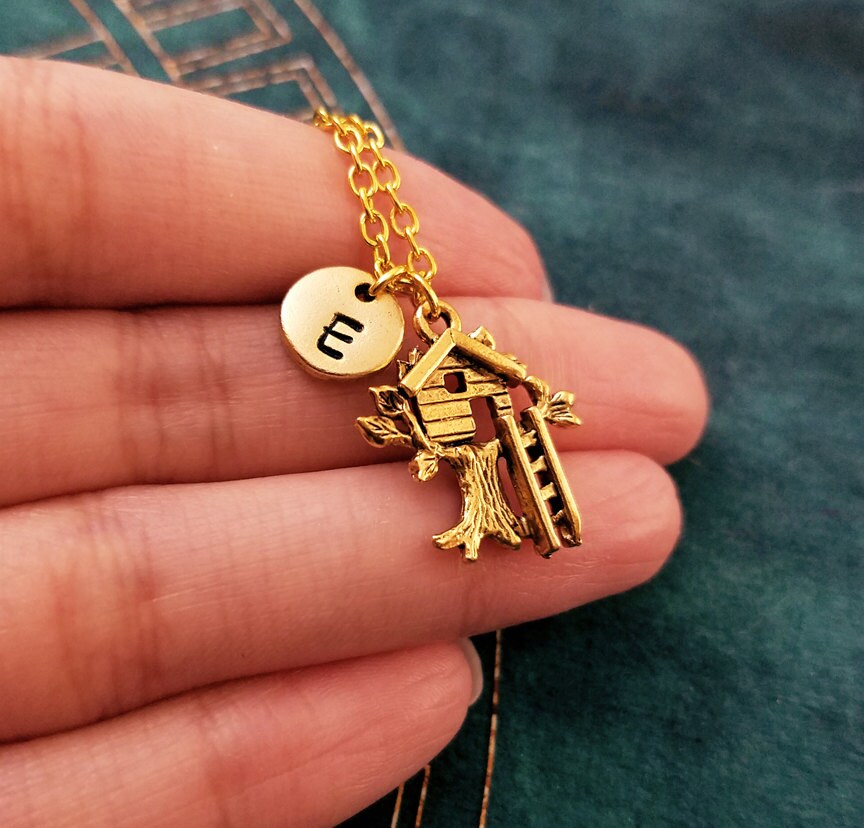 Treehouse Keychain with Initial (Gold-Toned)